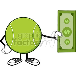 clipart - tennis ball faceless cartoon mascot character holding a dollar bill vector illustration isolated on white background.