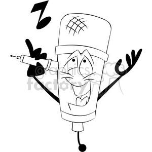 clipart - black and white cartoon microphone mascot character singing.
