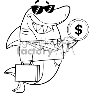 clipart - Black And White Smiling Business Shark Cartoon In Suit Carrying A Briefcase And Holding A Dollar Coin Vector Illustration.