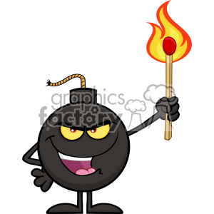 10793 Royalty Free RF Clipart Evil Bomb Cartoon Mascot Character Holding Up A Flaming Match Vector Illustration clipart.