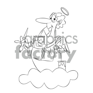 clipart - black and white cartoon angel painting the clouds.