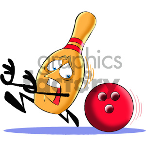 cartoon bowling pin mascot character being chased by bowling ball clipart.