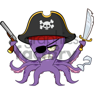 Royalty Free RF Clipart Illustration Angry Pirate Octopus Cartoon Mascot Character With A Sword Gun And Hook Vector Illustration