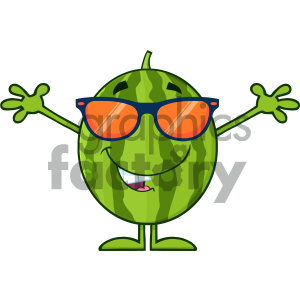 Royalty Free RF Clipart Illustration Smiling Green Watermelon Fresh Fruit Cartoon Mascot Character With Sunglasses And Open Arms Vector Illustration Isolated On White Background clipart. Commercial use image # 404311