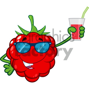 clipart - Royalty Free RF Clipart Illustration Raspberry Fruit Cartoon Mascot Character With Sunglasses Holding Up A Glass Of Juice Vector Illustration Isolated On White Background.