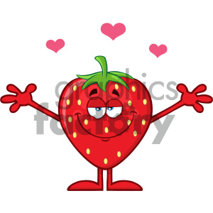 Royalty Free RF Clipart Illustration Strawberry Fruit Cartoon Mascot Character With Hearts And Open Arms For Hugging Vector Illustration Isolated On White Background clipart.