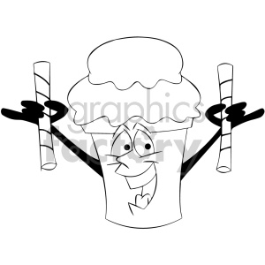 black and white cartoon ice cream mascot character holding pirouline cookie sticks clipart.