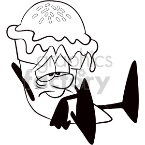 clipart - black and white lazy ice cream cartoon character.