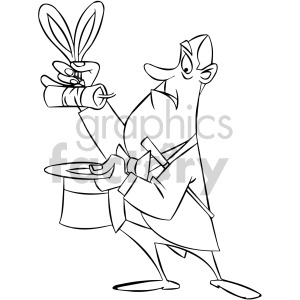 black and white cartoon magician pulling dynamite out of a hat clipart.