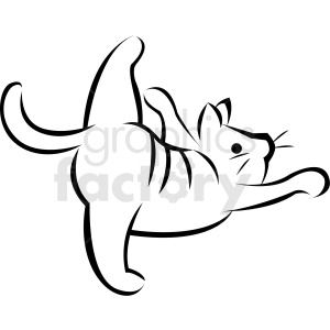 clipart - black and white cartoon cat doing yoga standing bow pose vector.