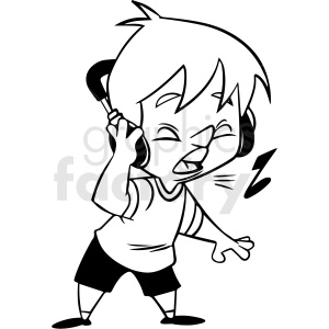 clipart - black and white cartoon boy listening to music vector clipart.