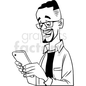clipart - black and white african american dad laughing at his phone vector clipart.