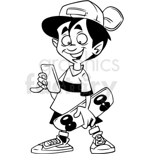 black and white skateboarder laughing at his phone vector clipart .