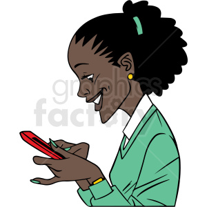 clipart - african american girl laughing at her phone vector clipart.