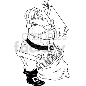 black and white cartoon Santa Clause giving gifts clipart .