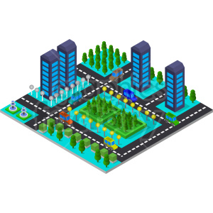 blue skyscrappers isometric vector graphic clipart.