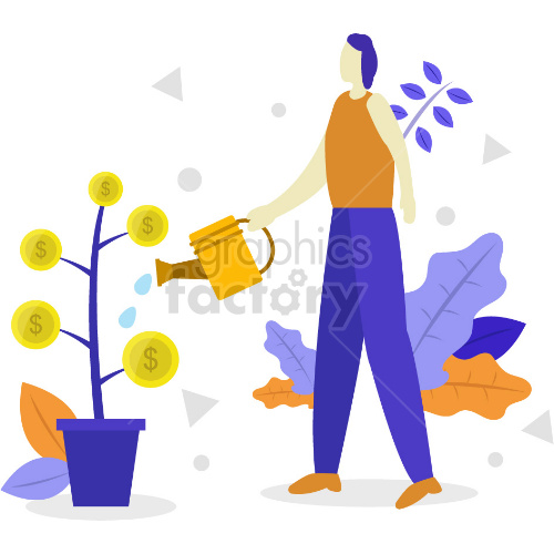  The clipart image depicts a woman watering a tree that has dollar bills as leaves, symbolizing the concept of cultivating wealth and financial growth in one