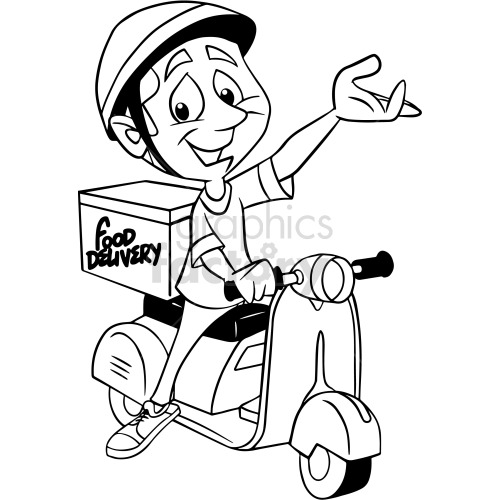 black and white cartoon guy delivering food on scooter