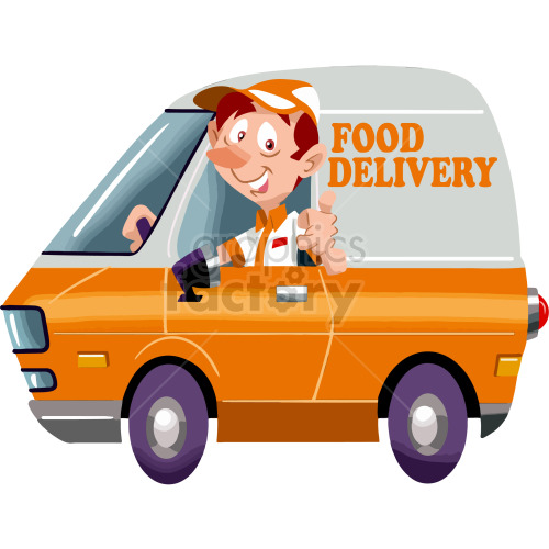 cartoon guy delivering food in van clipart.