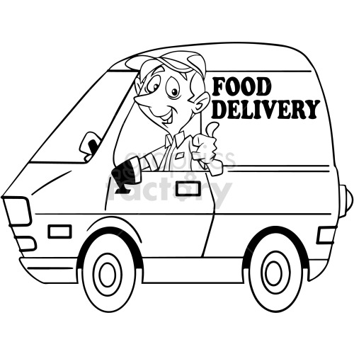 black and white cartoon guy delivering food in van clipart.