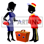 Animated bellboy talking to a lady.