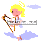 Animated blonde angel with halo on floating cloud playing the harp clipart. Royalty-free image # 122849