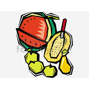 Summer assortment of fruits- watermelon, apples, pear, and cantaloupe clipart.