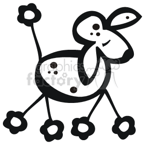 The image is a black-and-white image of a cartoon dog. The dog is facing to the right, with its head slightly tilted. The dog is a poodle, and has long thin legs