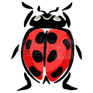 The image is a drawing of a ladybug. It has eight round spots on its back. Its head, legs, and antennae are black and visible. The body of the ladybug is red and outlined