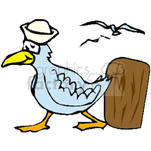 Seagull walking on dock with fedora hat clipart. Commercial use image # 130198