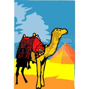 dessert camel with a red saddle and a pyramid in the background clipart. Royalty-free image # 130819