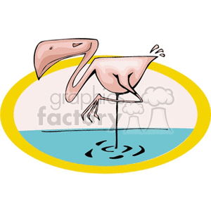 clipart - Cartoon pink flamingo standing on one leg in the water.