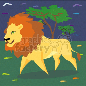 Male lion walking on green grass against an African landscape animation. Royalty-free animation # 131034