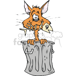 Cat sitting in a garbage can with a fish skeleton in it's mouth  clipart.