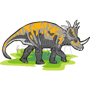 The clipart image depicts a cartoon of a Triceratops, which is a type of herbivorous dinosaur characterized by its three horns on its face and a large bony frill at the back of its head. The dinosaur stands on a green surface, which could imply that it is standing on grass, and it has a pattern of orange and black stripes and spots on its body.