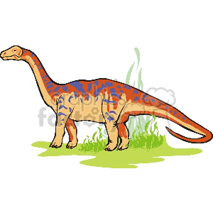 This clipart image displays a colorful, cartoon-style depiction of a sauropod dinosaur. The dinosaur has a long neck and tail, and its body is adorned with patterns of blue and orange. It stands on four legs amidst some green vegetation.
