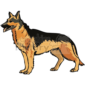 A clipart image of a German shepherd standing postured to the left. 