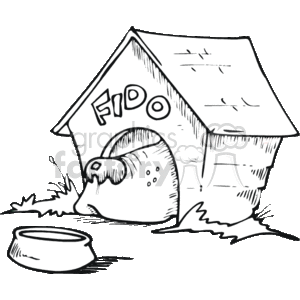 black and white dog in doghouse clipart.
