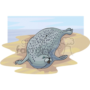 This clipart image depicts a seal resting on a sandy beach, likely near the water's edge given the blue background that suggests the presence of sea or water.