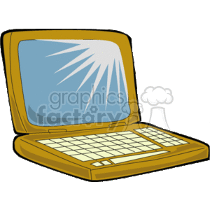 The clipart image shows a stylized laptop computer. It's depicted in a simple, cartoon-like manner, with an emphasis on the gold color of the body. The laptop is open, showing the screen with a burst of lines representing glare or shine, which suggests it's turned on. The keyboard is visible below the screen, indicating the typical layout of a laptop with multiple keys. The image is representative of digital technology and could be associated with themes like business, computing, and electronics in general.