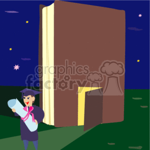 A large Book at night with a man in a Cap and Gown clipart.