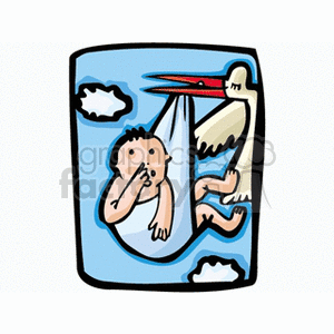 Stork holding a baby clipart.