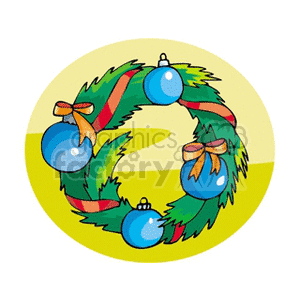 Green Wreath with Orange Ribbon and Blue Bulbs clipart.