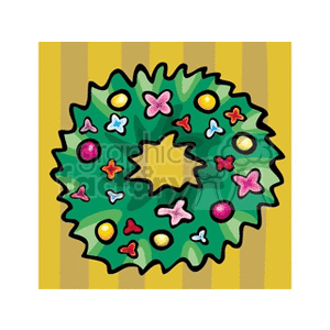 clipart - Decorated Christmas Wreath on a Striped Wall.