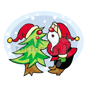 Santa Claus Looking at a Christmas Tree Decorated with his Hat and Red Nose