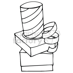 The image is a black and white line drawing of a stack of three Christmas gifts or presents. These gifts are shown with ribbons or bows, indicating that they are wrapped and ready for the holiday season.