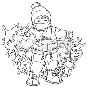 Black and White Child pulling his Christmas tree Bundled in Winter Clothes