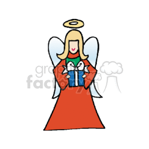 The clipart image depicts a cartoon-style angel with a halo above her head and wings on her back. She is wearing a red gown and is holding a gift that is wrapped with a blue ribbon. The angel has a serene expression on her face.