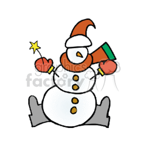 Snowman Holding a Single Star Dressed in a Red Hat Scarf and Mittens clipart. Commercial use image # 144090