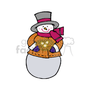 This is an image of a cartoon snowman dressed for the winter holidays. The snowman is wearing a top hat, a scarf, gloves, and a sweater with a snowflake design on it. The snowman has a cheerful face with pink cheeks.